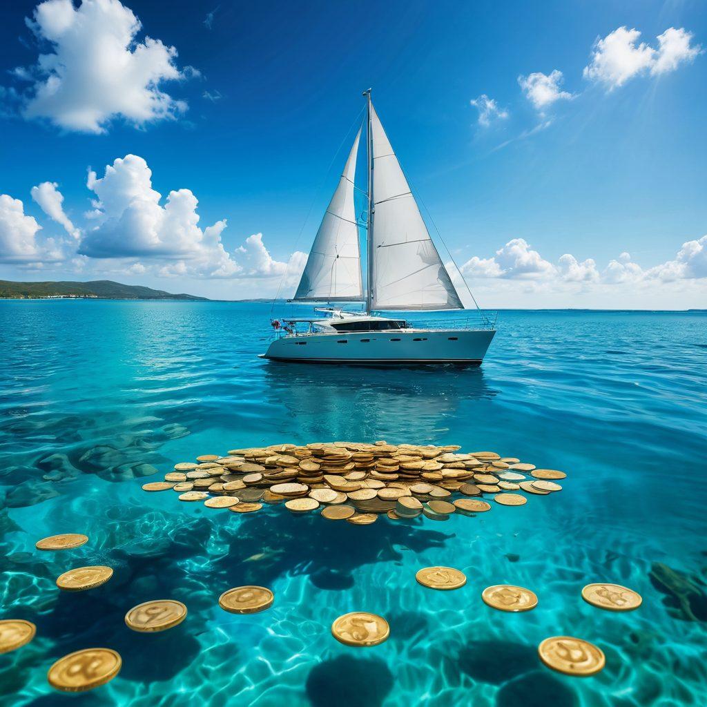A luxurious yacht sailing smoothly on crystal-clear waters, surrounded by an array of investment-related symbols like coins and graphs gently floating in the air. The sky is bright and sunny, symbolizing optimism in investment while the yacht is sleek and modern, emphasizing effective risk management strategies. Include a subtle compass and anchor in the foreground to represent navigation through investment challenges. vibrant colors. super-realistic. ocean setting.