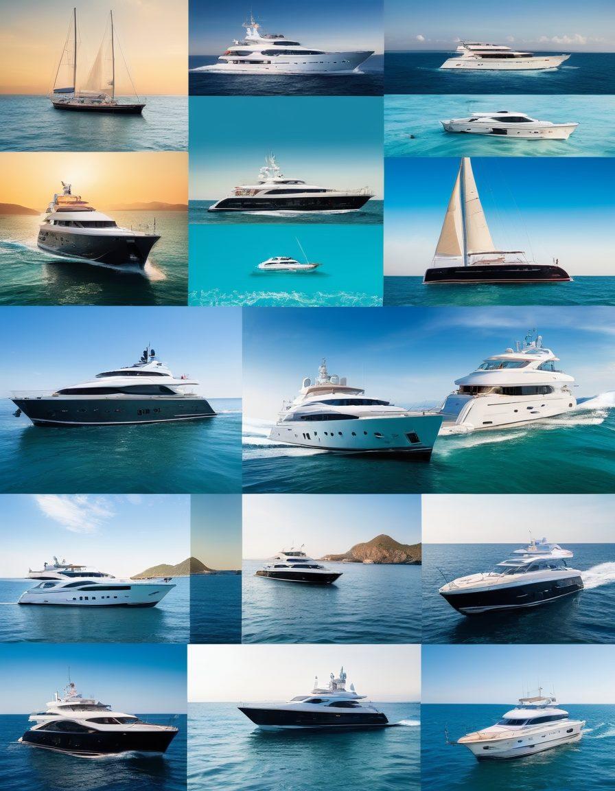 A dynamic collage showcasing a variety of yachts, from luxurious pleasure crafts with sunbathers to sturdy commercial vessels sailing in open waters. Include insurance documents and a calculator subtly integrated into the scene to symbolize yacht insurance. The ocean backdrop should be lively, reflecting both leisure and commerce. Enhance with bright, inviting colors to evoke a sense of adventure and security in yacht ownership. super-realistic. vibrant colors. ocean background.